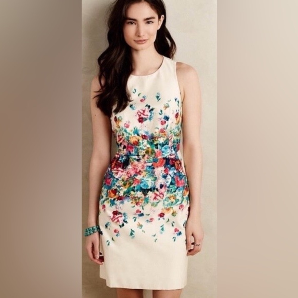 Maeve Anthropologie Tea Garden Sheath Dress in floral and cream Women’s Size‎ 2
